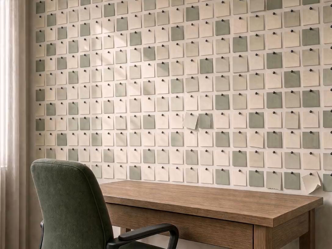The business knowledge base, still in one person's head A small business knowledge base before it is written down: every rule on sticky notes above an empty owner-operator's desk.