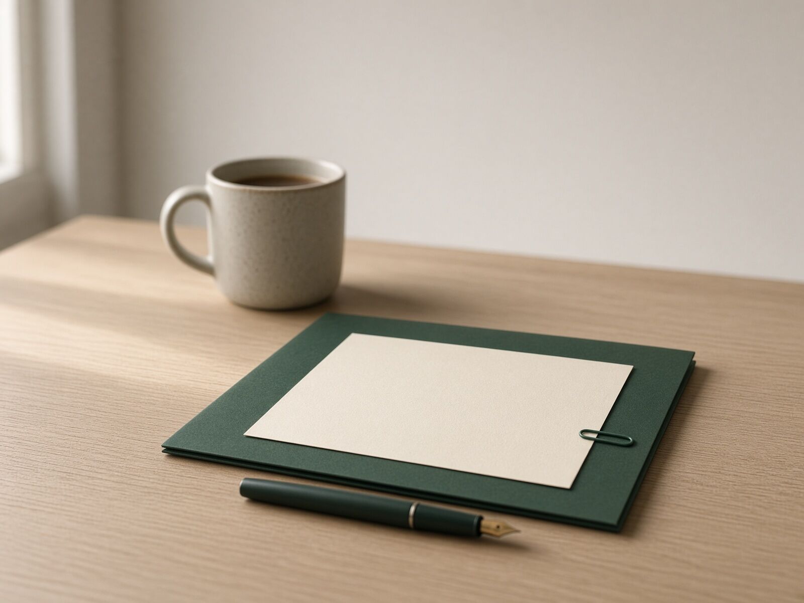 We talk. I build. You approve. The weekly rhythm of a small business build: a green folder on a desk holding the week's blank drafted page under a green paper clip, a fountain pen beside it for the owner's approval, and a mug of coffee soft behind from the call.